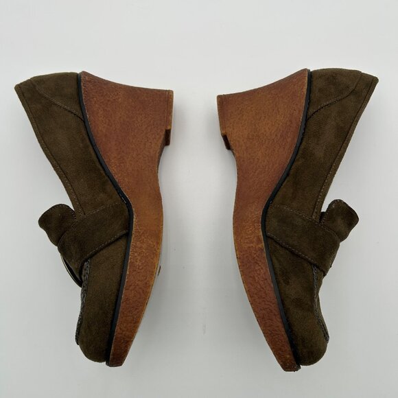 LOWER EAST SIDE VTG Olive Green Suede Wedge Platform Buckle Retro Style Size 9 - Picture 4 of 13
